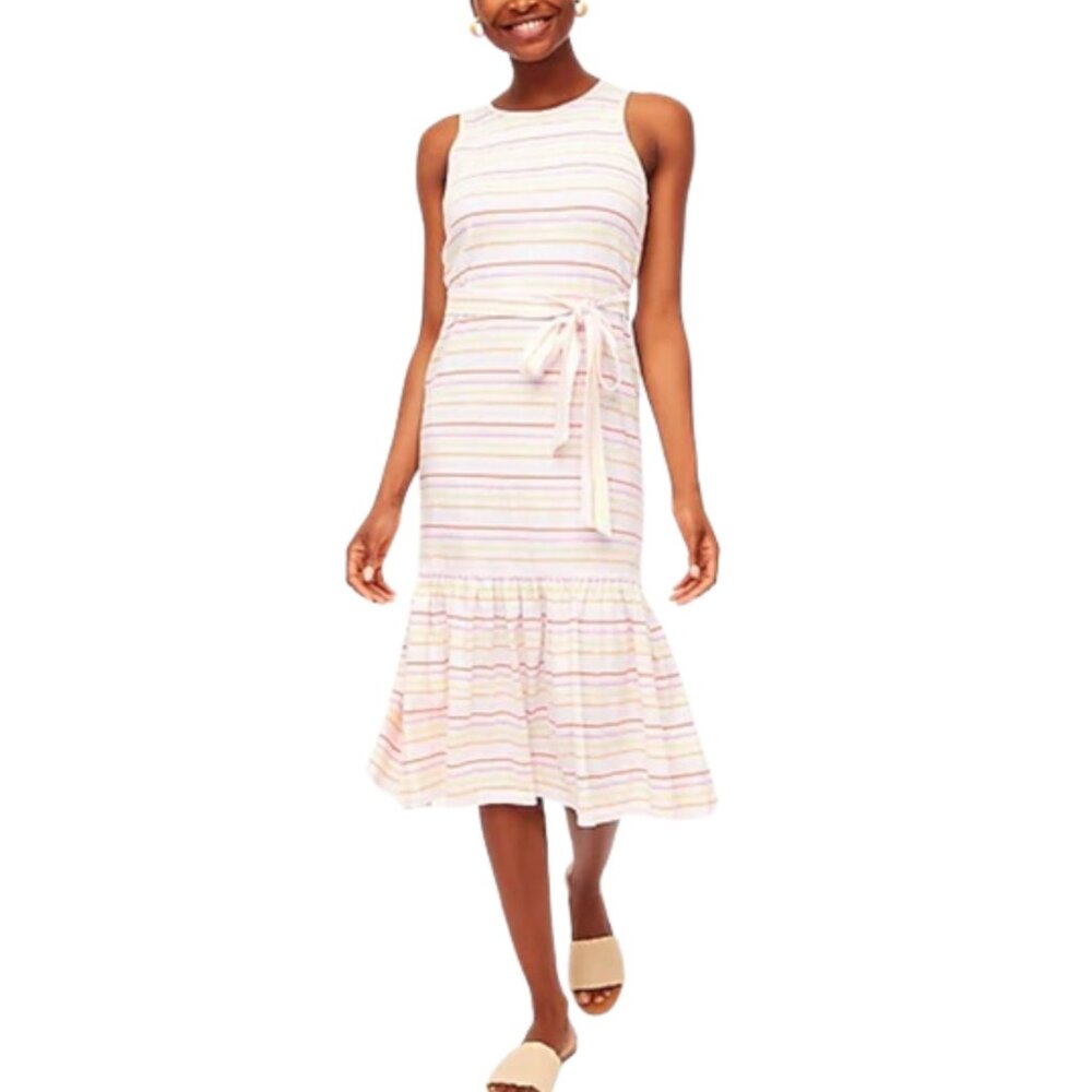 J.Crew Striped Tank Dress Waist Tie Ruffle Hem Midi Casual Summer